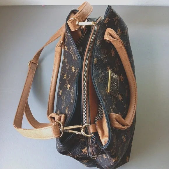 Beverly Hills Polo Crossbody Handbag‎ Brown Tan Faux Leather Preppy Countryside - Picture 5 of 15